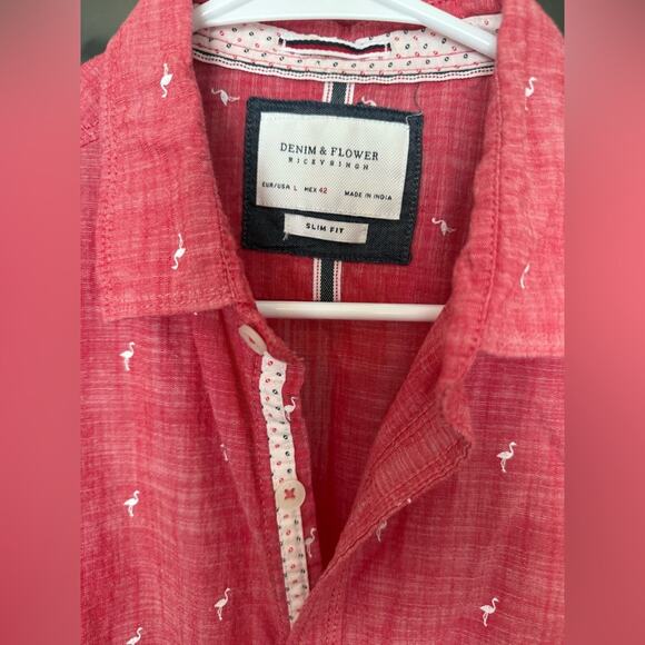 Men’s Denim & Flower cotton short sleeve button own shirt flamingos size Large - Picture 3 of 6